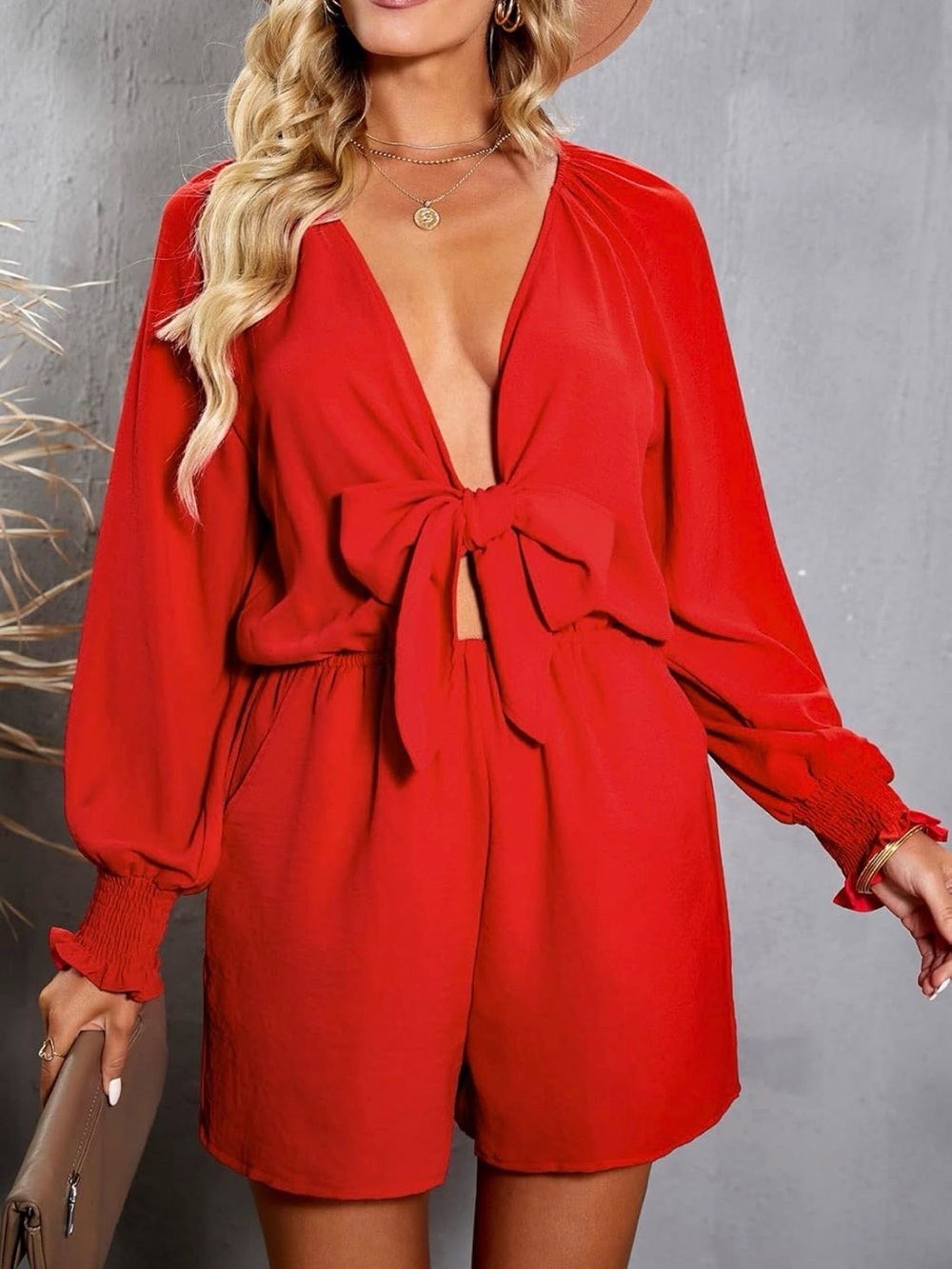 Women's Red Long-Sleeve Tie-Front Romper
